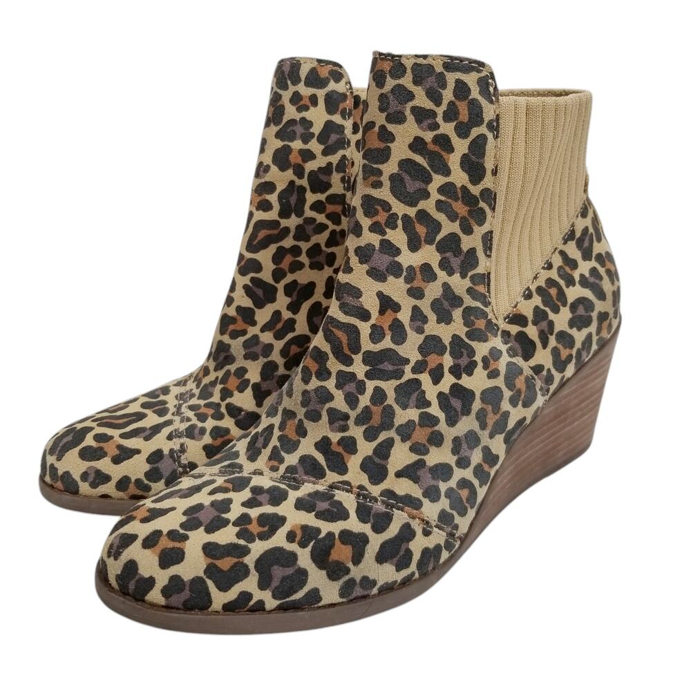 TOMS Women's Sadie Suede Wedge Heel Leopard Leather Suede Ankle Boots Size 8